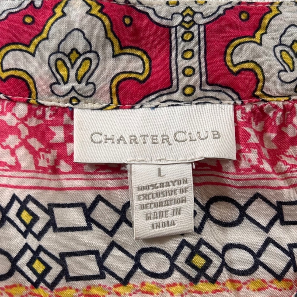 Charter Club Women's L Pink Yellow Beaded Paisley Rayon Tunic Top Boho Festival - Picture 6 of 10